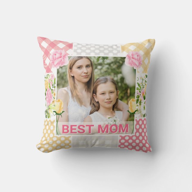 Floral & Plaid Photo Frame Mother's Day Throw Pillow (Front)