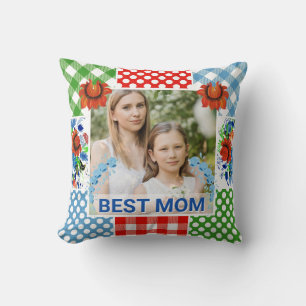 Floral & Plaid Photo Frame Mother's Day Throw Pillow