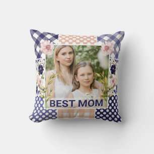 Floral & Plaid Photo Frame Mother's Day Throw Pillow