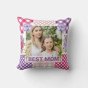 Floral & Plaid Photo Frame Mother's Day Throw Pillow