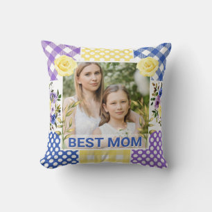 Floral & Plaid Photo Frame Mother's Day Throw Pillow