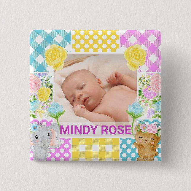 Floral & Plaid Photo Frame Newborn Baby 2 Inch Square Button (Front)