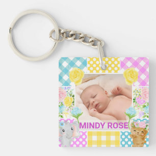 Floral & Plaid Photo Frame Newborn Baby Keychain