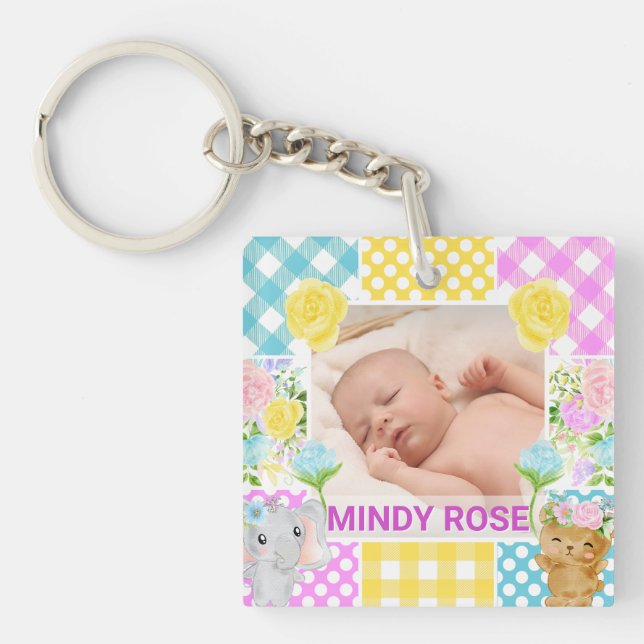 Floral & Plaid Photo Frame Newborn Baby Keychain (Front)