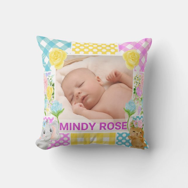 Floral & Plaid Photo Frame Newborn Baby Throw Pillow (Front)