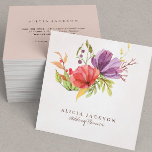 Floral plum and red watercolor wedding planner square business card