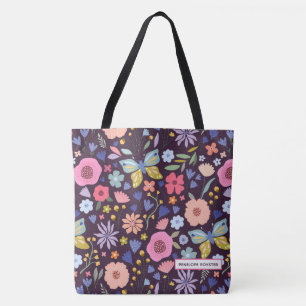 Floral & Plum Name Tote Bag