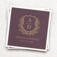 Floral Plum Purple Gold Crest Wedding Monogram