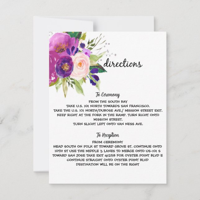 Floral Plum Watercolor Wedding Directions Card (Front)
