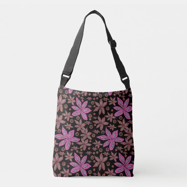 Floral Pods Brown & Fuchsia on Black Tote (Front)
