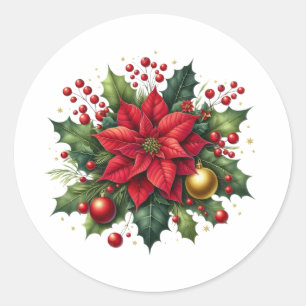 Floral Poinsettia Christmas – Festive Holiday Classic Round Sticker