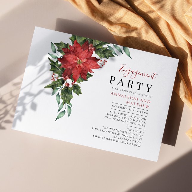 Floral Poinsettia Engagement Party Invitation (Poinsettia Holiday Engagement Party Invitation)