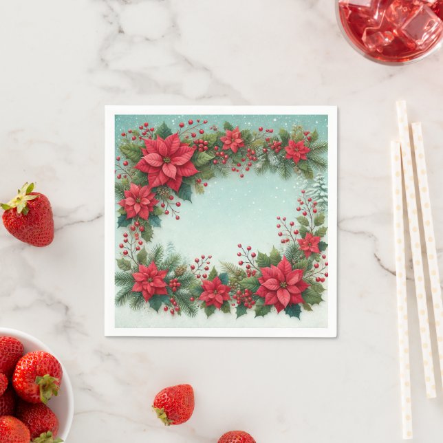 Floral Poinsettia Frosty Pine Border Découpage Napkin (Insitu)