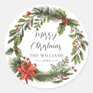 Floral Poinsettia Greenery Family Christmas Classic Round Sticker