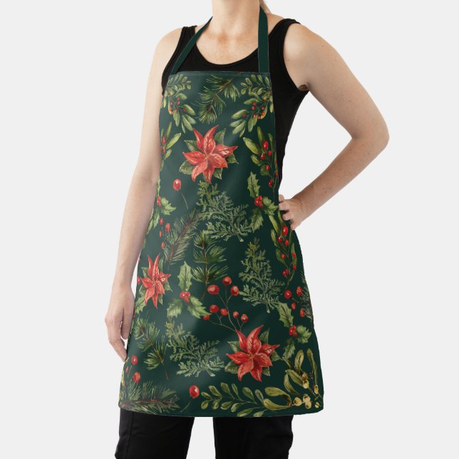 Floral Poinsettia Red Berries Botanical Apron (Insitu)