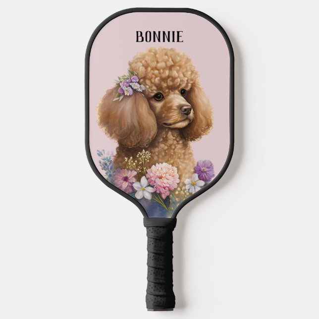 Floral Poodle Dog Pink Cute Whimsical Customizable Pickleball Paddle (Front)