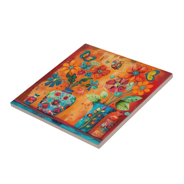 Floral Pop Art Ceramic Tile (Side)