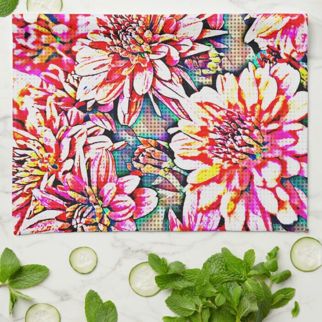 Floral Pop Art rose serviette de cuisine (Plié)
