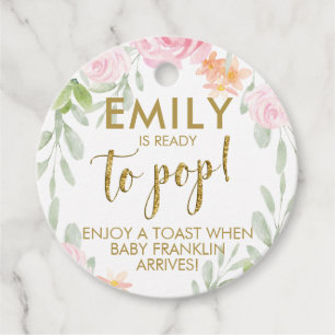 Floral Pop it tags, Baby shower Champagne Favour Tags