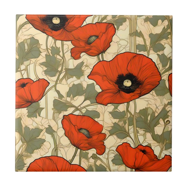 Floral Poppies Art Nouveau Tile (Front)