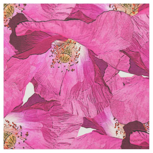 Floral poppies pink pattern. fabric (Close Up)