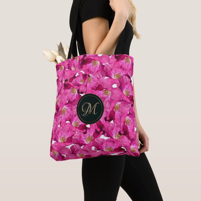 Floral poppies pink pattern.Monogram. Tote Bag (Close Up)