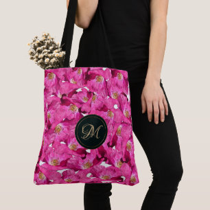 Floral poppies pink pattern.Monogram. Tote Bag