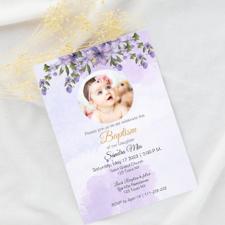 Floral pourpre avec invitation photo Baptême