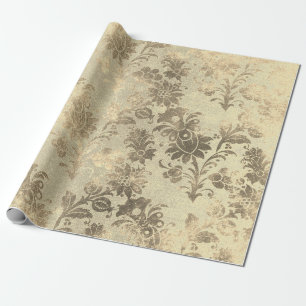 Floral Powder Grungy Damask Sepia Champagne Gold Wrapping Paper