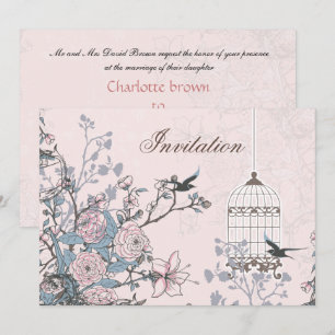 floral powder pink bird cage  love birds wedding invitation