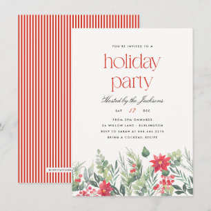 Floral Preppy Red Stripe Holiday Christmas Party Invitation