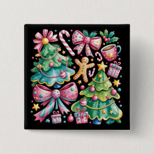 Floral Preppy Xmas Tree Bow Coquette Pink Blue 2 Inch Square Button