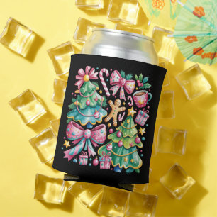 Floral Preppy Xmas Tree Bow Coquette Pink Blue Can Cooler