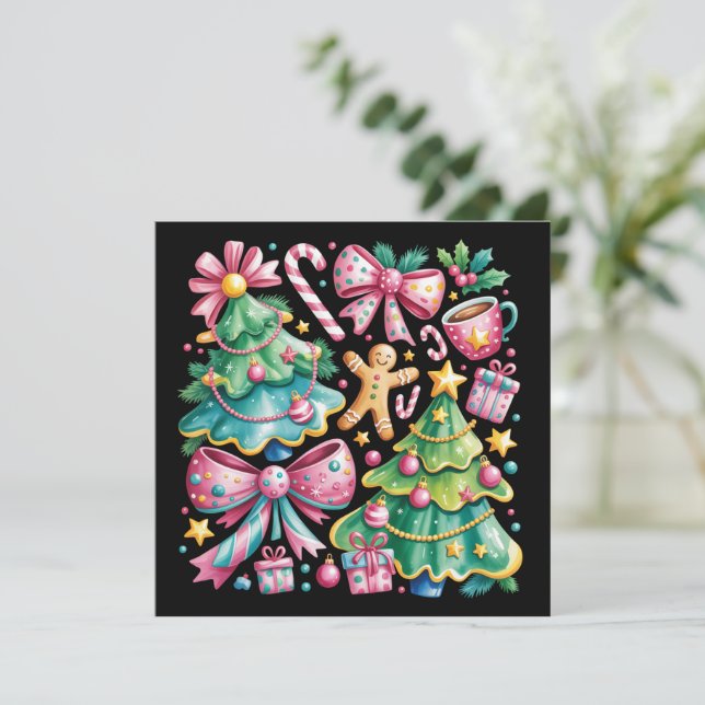 Floral Preppy Xmas Tree Bow Coquette Pink Blue Holiday Card (Standing Front)