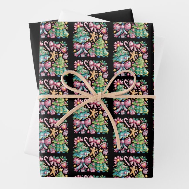 Floral Preppy Xmas Tree Bow Coquette Pink Blue Wrapping Paper Sheet (In situ)