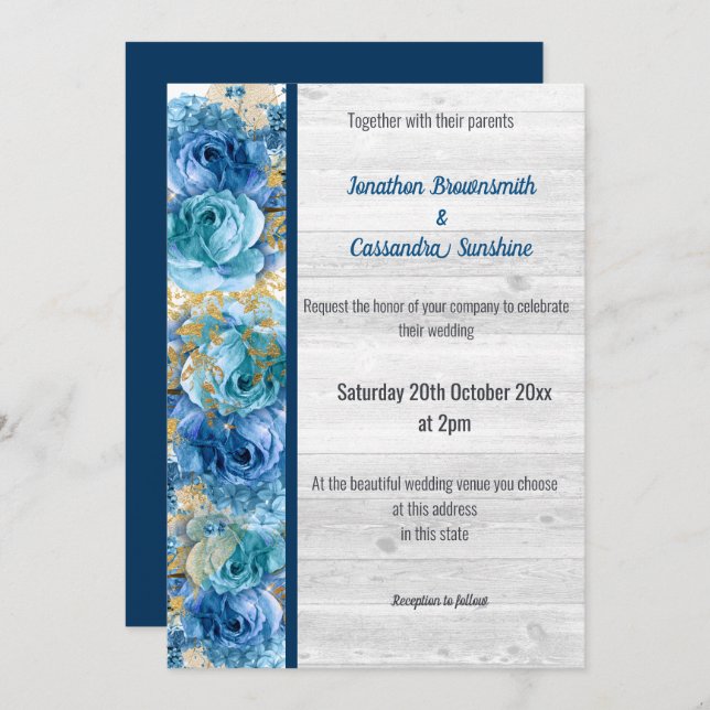 FLORAL PRETTY NAVY BLUE RUSTIC WEDDING NAVY INVITATION (Front/Back)