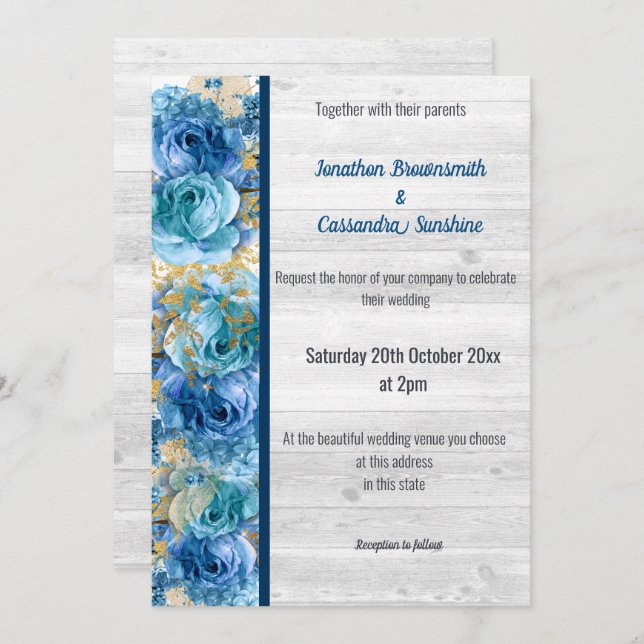 FLORAL PRETTY NAVY BLUE RUSTIC WHITEWASH WEDDING INVITATION (Front/Back)