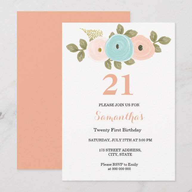 Floral Pretty Peach 21st Birthday Invitation (Devant / Derrière)