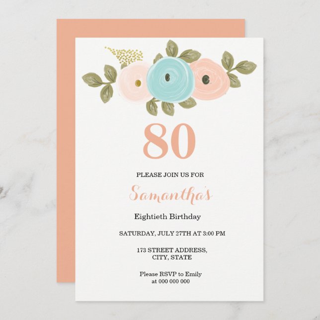Floral Pretty Peach 80th Birthday Invitation (Devant / Derrière)