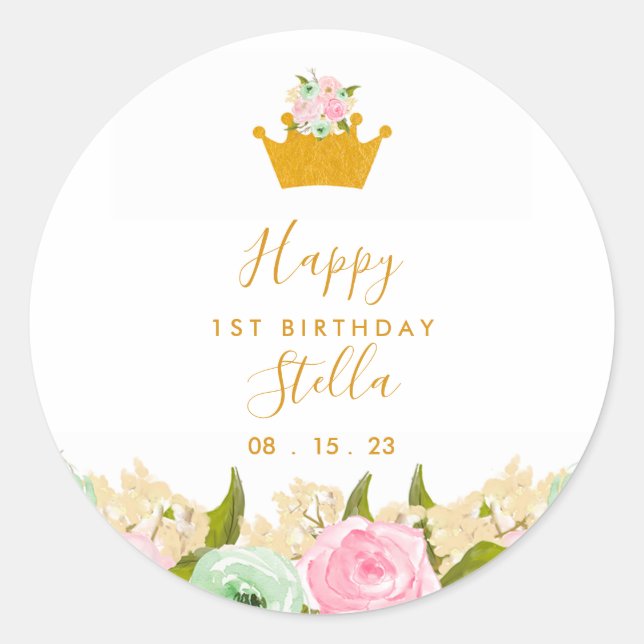 Floral Princess Birthday Party Classic Round Sticker (Front)