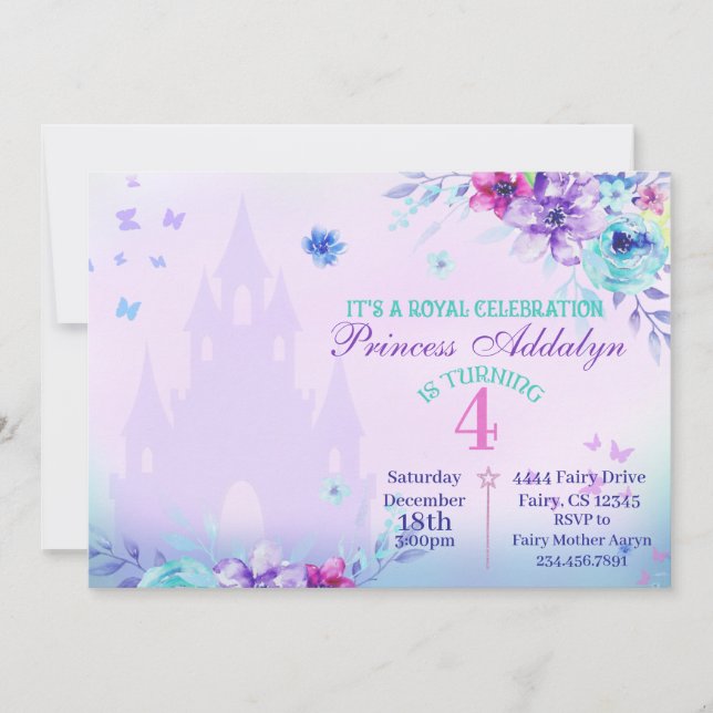 Floral Princess Castle Watercolor 4th Birthday   Invitation (Front)