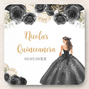Floral Princess in Black Dress Quinceanera Coaster