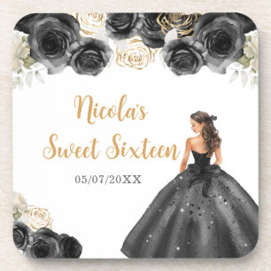 Floral Princess in Black Dress Sweet Sixteen Coaster