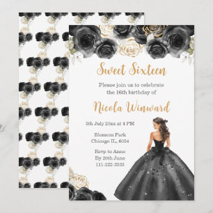 Floral Princess in Black Dress Sweet Sixteen Invitation
