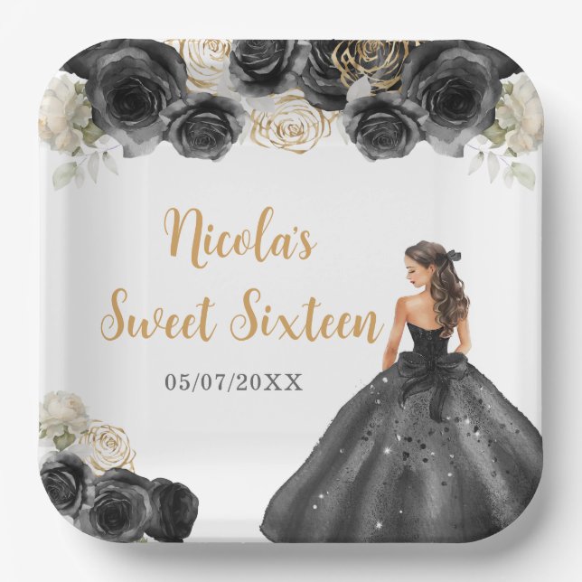 Floral Princess in Black Dress Sweet Sixteen Paper Plate (Front)