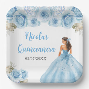 Floral Princess in Blue Dress Quinceanera Paper Plate