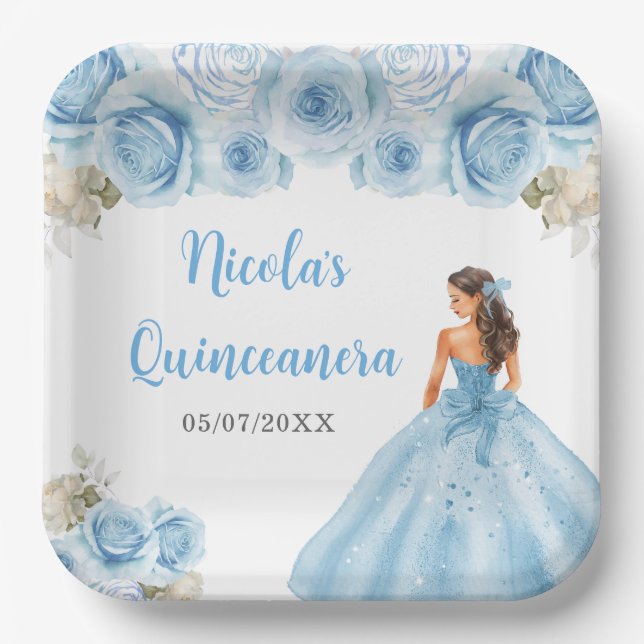 Floral Princess in Blue Dress Quinceanera Paper Plate (Front)
