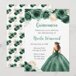 Floral Princess in Dark Green Dress Quinceanera Invitation