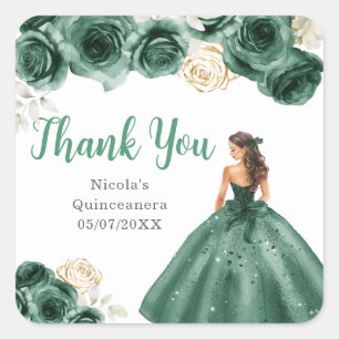 Floral Princess in Dark Green Dress Quinceanera Square Sticker