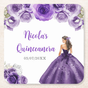 Floral Princess in Dark Purple Dress Quinceanera Square Paper Coaster